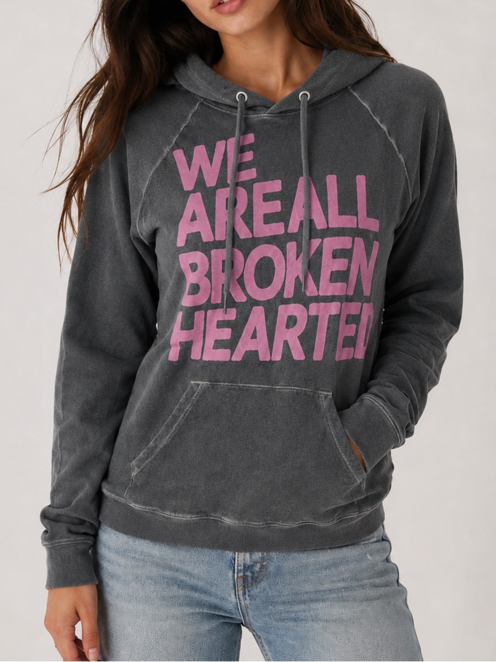 freecity Charcoal Gray Hoodie with Pink 'We Are All Broken Hearted' Graphic